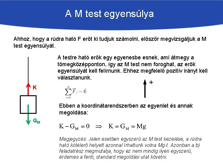 A M test egyensúlya Ahhoz, hogy a rúdra ható F erőt ki tudjuk számolni,