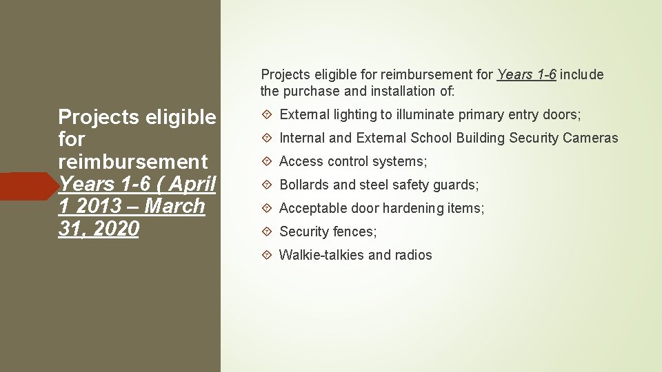 Projects eligible for reimbursement for Years 1 -6 include the purchase and installation of: