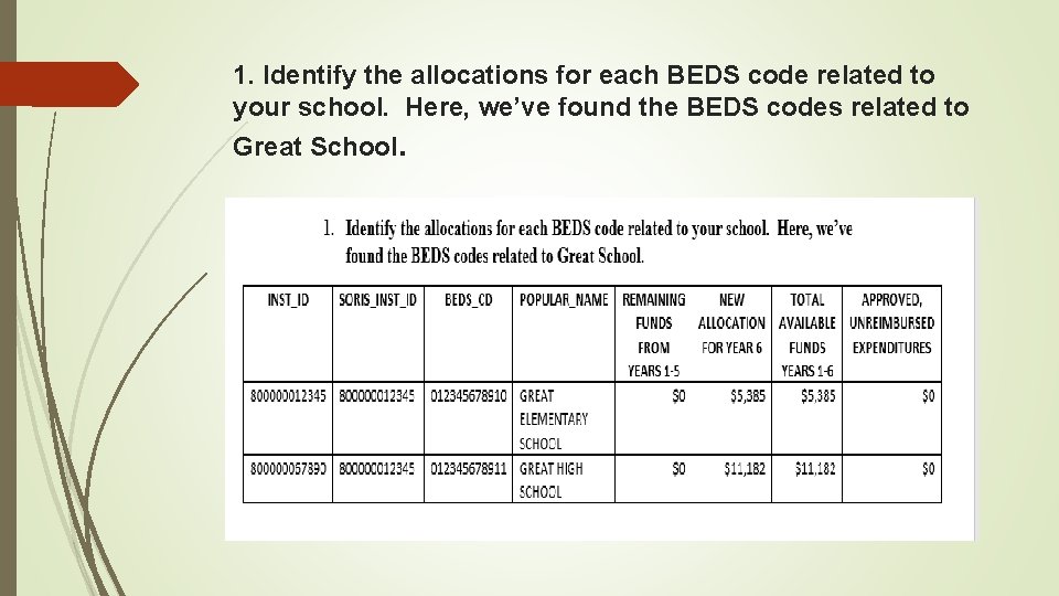 1. Identify the allocations for each BEDS code related to your school. Here, we’ve