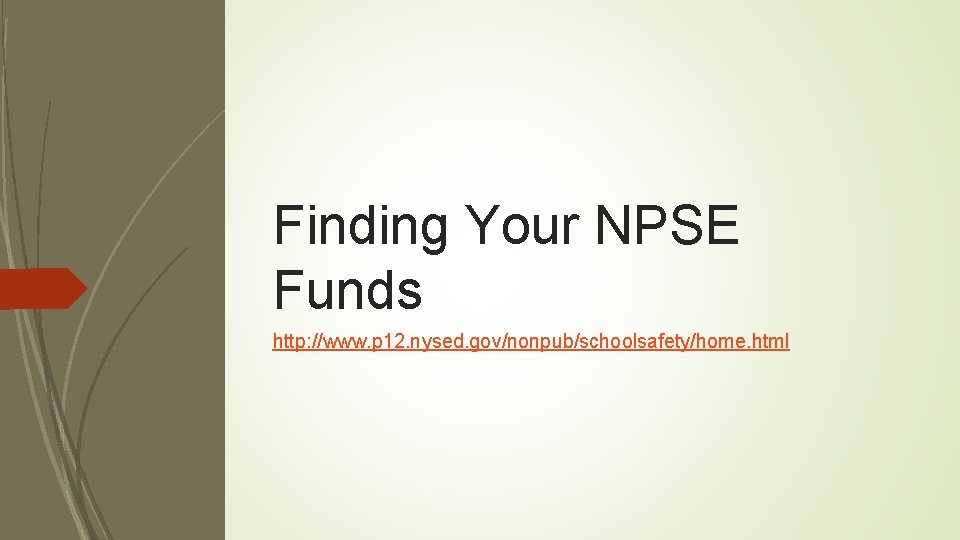 Finding Your NPSE Funds http: //www. p 12. nysed. gov/nonpub/schoolsafety/home. html 