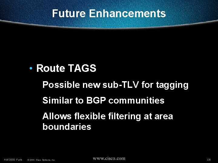 Future Enhancements • Route TAGS Possible new sub-TLV for tagging Similar to BGP communities