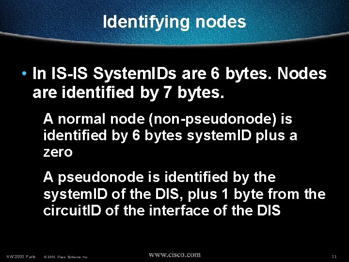 Identifying nodes • In IS-IS System. IDs are 6 bytes. Nodes are identified by