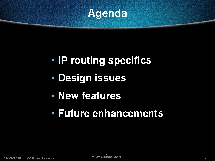 Agenda • IP routing specifics • Design issues • New features • Future enhancements
