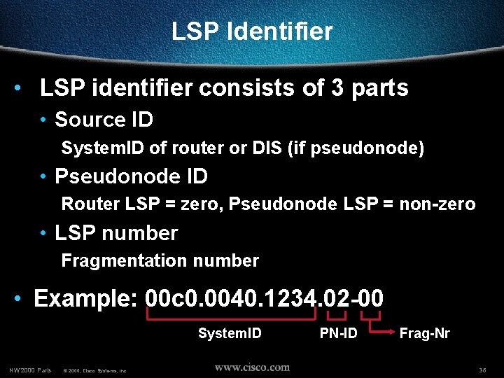 LSP Identifier • LSP identifier consists of 3 parts • Source ID System. ID