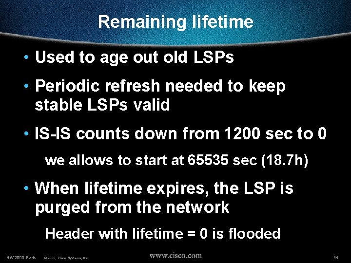 Remaining lifetime • Used to age out old LSPs • Periodic refresh needed to
