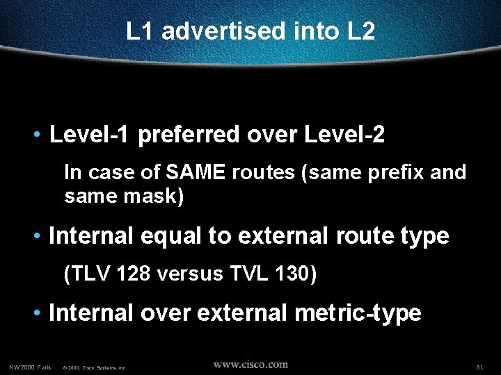 L 1 advertised into L 2 • Level-1 preferred over Level-2 In case of