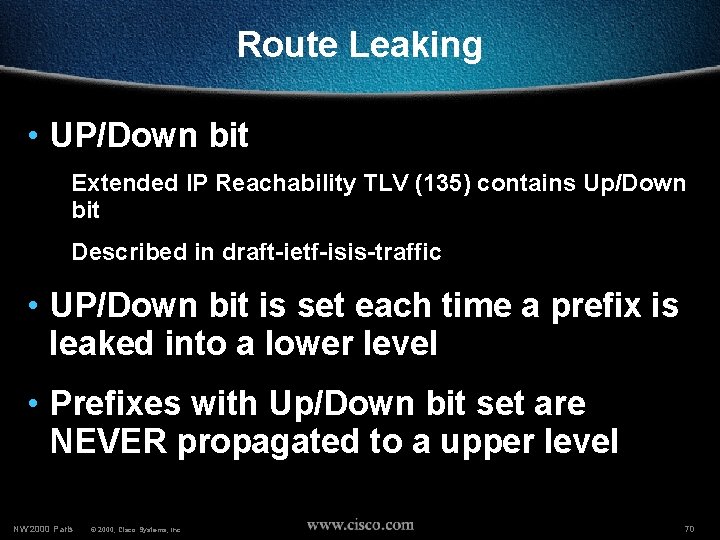 Route Leaking • UP/Down bit Extended IP Reachability TLV (135) contains Up/Down bit Described