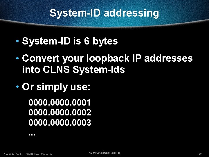 System-ID addressing • System-ID is 6 bytes • Convert your loopback IP addresses into