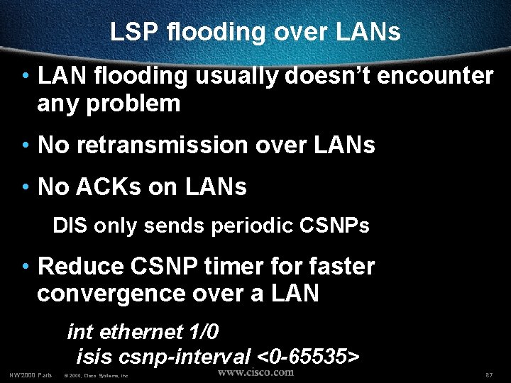 LSP flooding over LANs • LAN flooding usually doesn’t encounter any problem • No