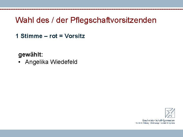 Wahl des / der Pflegschaftvorsitzenden 1 Stimme – rot = Vorsitz gewählt: • Angelika