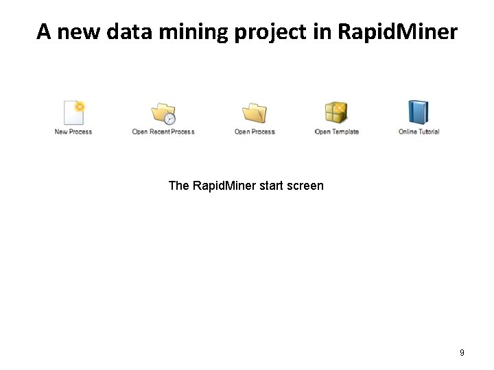 A new data mining project in Rapid. Miner The Rapid. Miner start screen 9 A new data mining project in Rapid. Miner The Rapid. Miner start screen 9