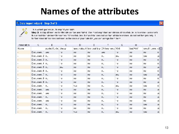Names of the attributes 13 Names of the attributes 13