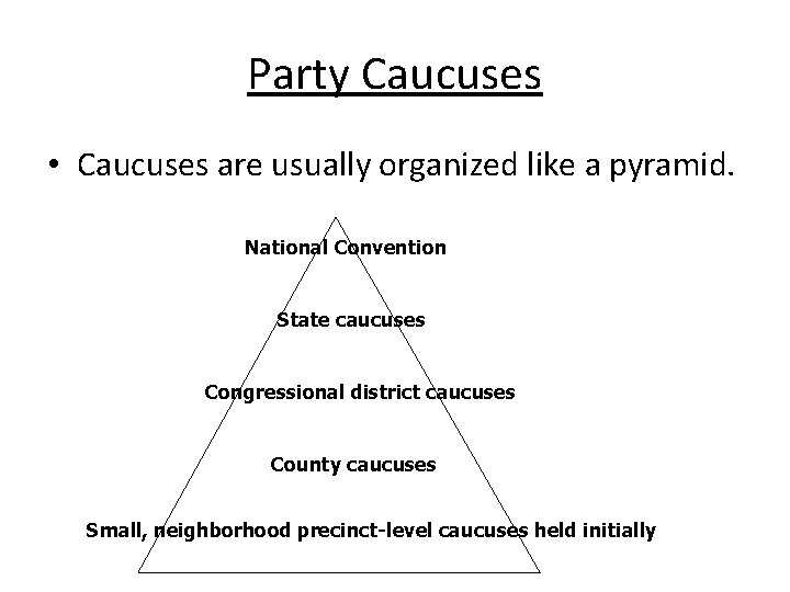 Party Caucuses • Caucuses are usually organized like a pyramid. National Convention State caucuses