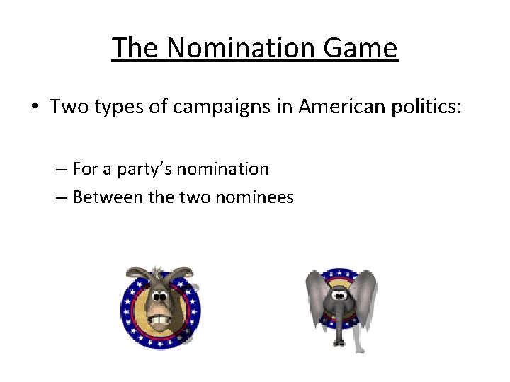 The Nomination Game • Two types of campaigns in American politics: – For a