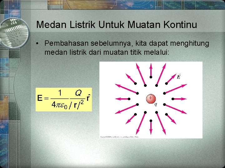 Medan Listrik Untuk Muatan Kontinu • Pembahasan sebelumnya, kita dapat menghitung medan listrik dari