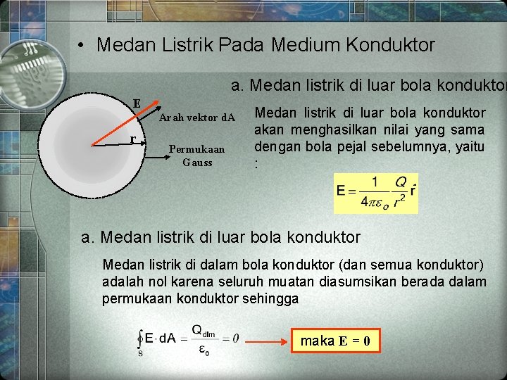  • Medan Listrik Pada Medium Konduktor a. Medan listrik di luar bola konduktor