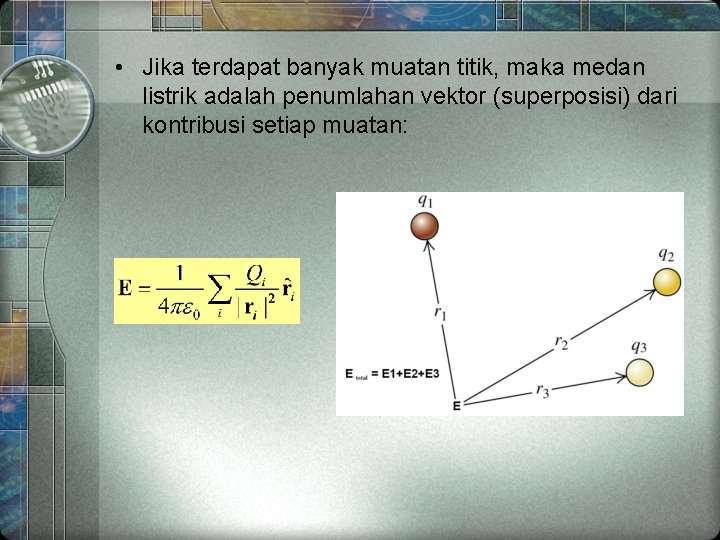  • Jika terdapat banyak muatan titik, maka medan listrik adalah penumlahan vektor (superposisi)