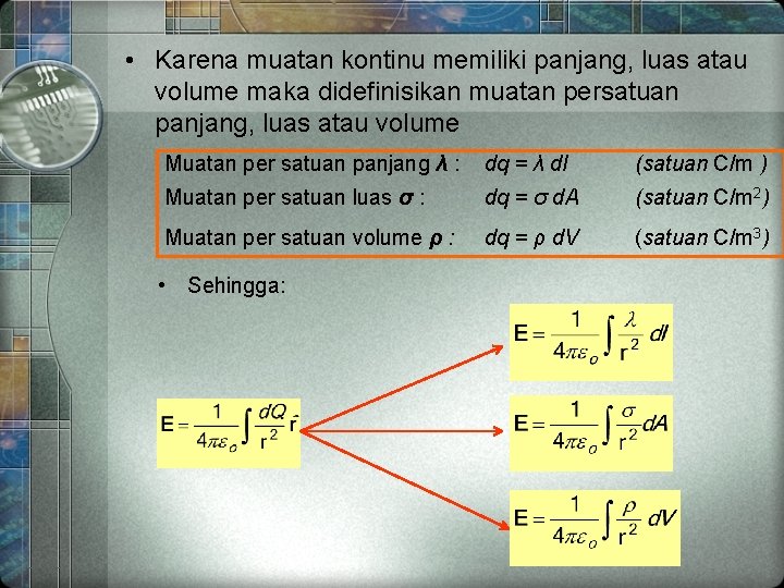  • Karena muatan kontinu memiliki panjang, luas atau volume maka didefinisikan muatan persatuan
