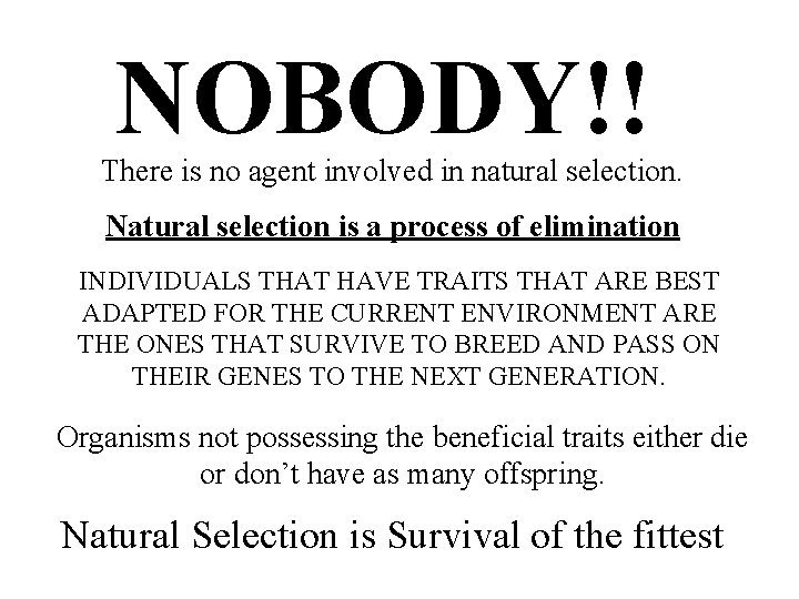 NOBODY!! There is no agent involved in natural selection. Natural selection is a process