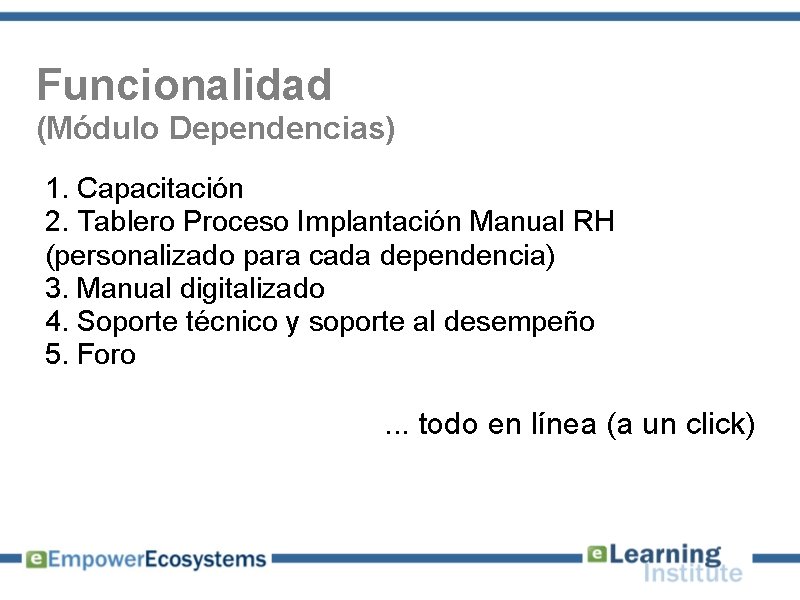 Funcionalidad (Módulo Dependencias) 1. Capacitación 2. Tablero Proceso Implantación Manual RH (personalizado para cada