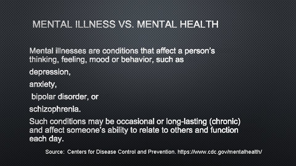 MENTAL ILLNESS VS. MENTAL HEALTH MENTAL ILLNESSES ARE CONDITIONS THAT AFFECT A PERSON’S THINKING,