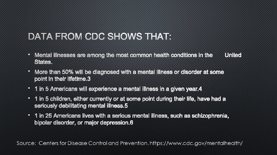 DATA FROM CDC SHOWS THAT: • MENTAL ILLNESSES ARE AMONG THE MOST COMMON HEALTH