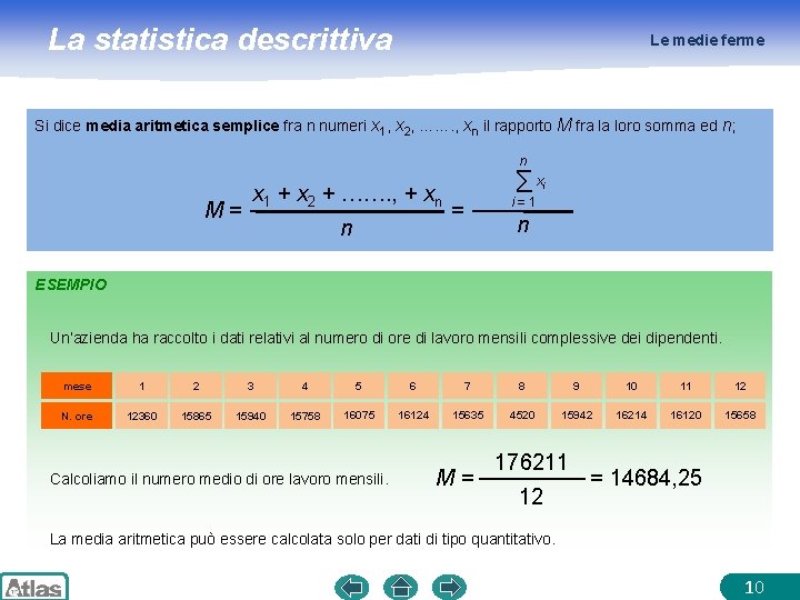 La statistica descrittiva Le medie ferme Si dice media aritmetica semplice fra n numeri