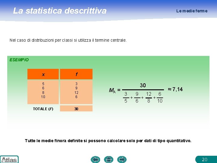 La statistica descrittiva Le medie ferme Nel caso di distribuzioni per classi si utilizza