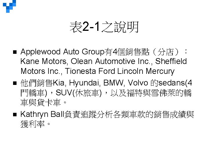 表 2 -1之說明 n n n Applewood Auto Group有4個銷售點（分店）： Kane Motors, Olean Automotive Inc.