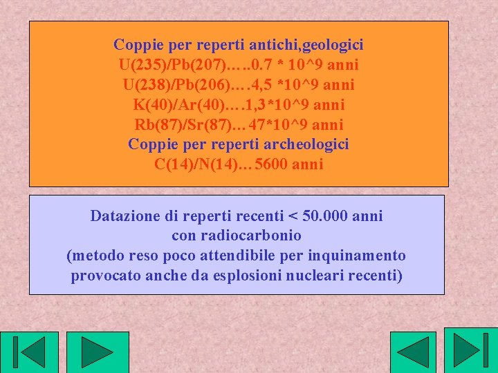 Coppie per reperti antichi, geologici U(235)/Pb(207)…. . 0. 7 * 10^9 anni U(238)/Pb(206)…. 4,