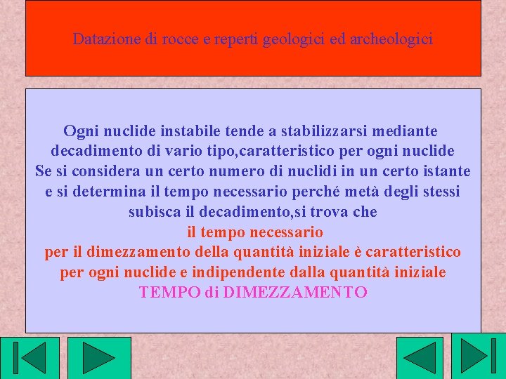 Datazione di rocce e reperti geologici ed archeologici Ogni nuclide instabile tende a stabilizzarsi