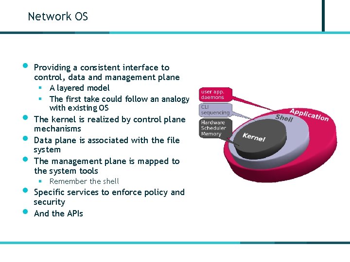 Network OS • Providing a consistent interface to control, data and management plane §