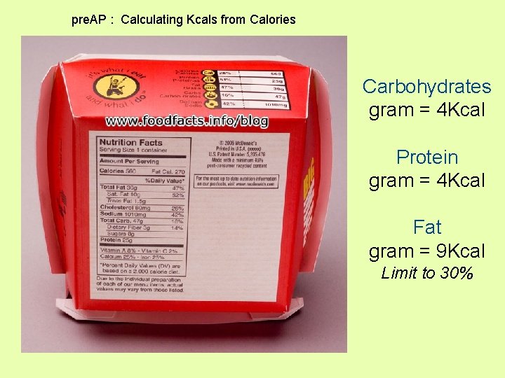 pre. AP : Calculating Kcals from Calories Carbohydrates gram = 4 Kcal Protein gram