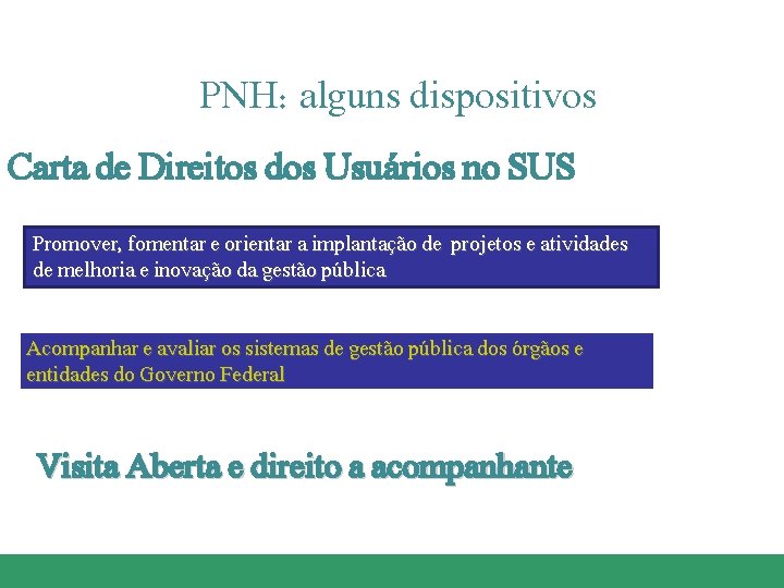 PNH: alguns dispositivos Carta de Direitos dos Usuários no SUS Promover, fomentar e orientar