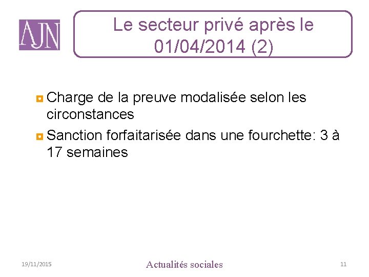 Le secteur privé après le 01/04/2014 (2) ◘ Charge de la preuve modalisée selon