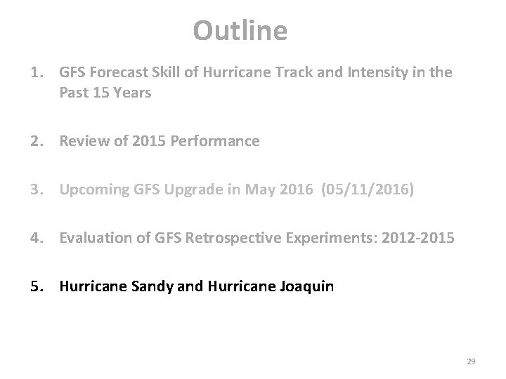 Outline 1. GFS Forecast Skill of Hurricane Track and Intensity in the Past 15