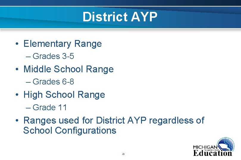 District AYP • Elementary Range – Grades 3 -5 • Middle School Range –