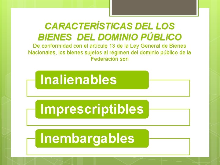 CARACTERÍSTICAS DEL LOS BIENES DEL DOMINIO PÚBLICO De conformidad con el artículo 13 de
