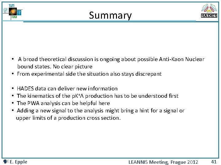 Summary • A broad theoretical discussion is ongoing about possible Anti-Kaon Nuclear bound states.