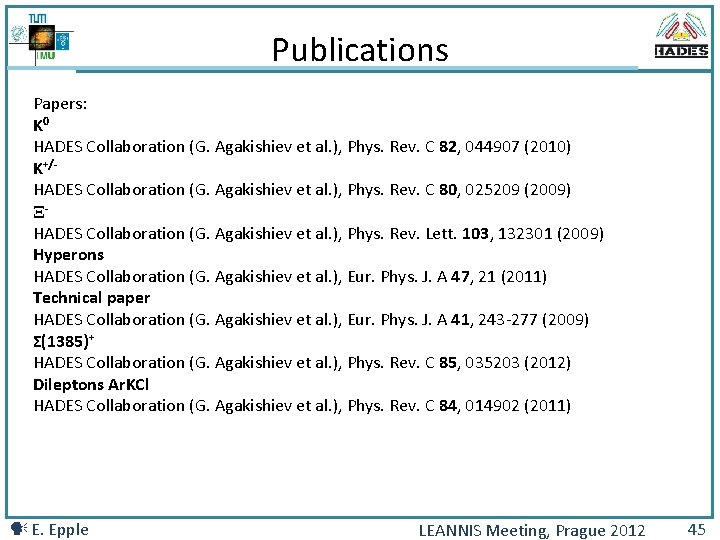Publications Papers: K 0 HADES Collaboration (G. Agakishiev et al. ), Phys. Rev. C