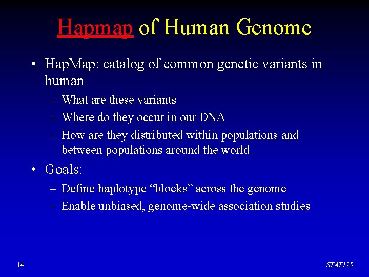 Hapmap of Human Genome • Hap. Map: catalog of common genetic variants in human