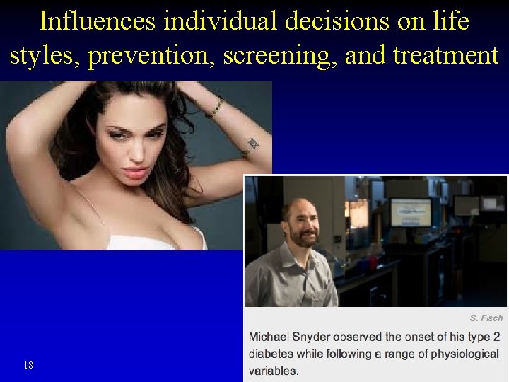 Influences individual decisions on life styles, prevention, screening, and treatment 18 