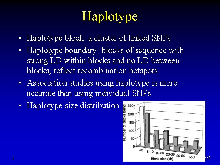 Haplotype • Haplotype block: a cluster of linked SNPs • Haplotype boundary: blocks of