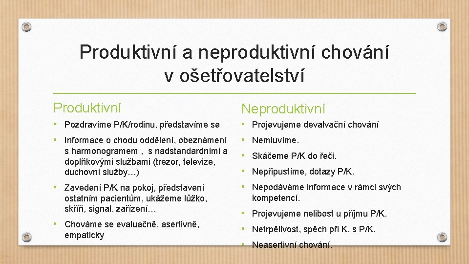 Produktivní a neproduktivní chování v ošetřovatelství Produktivní Neproduktivní • Pozdravíme P/K/rodinu, představíme se •