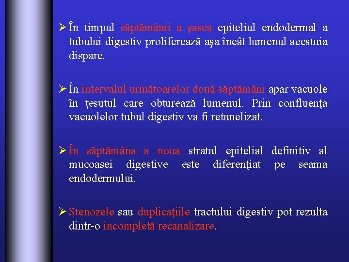 Ø În timpul săptămânii a şasea epiteliul endodermal a tubului digestiv proliferează aşa încât