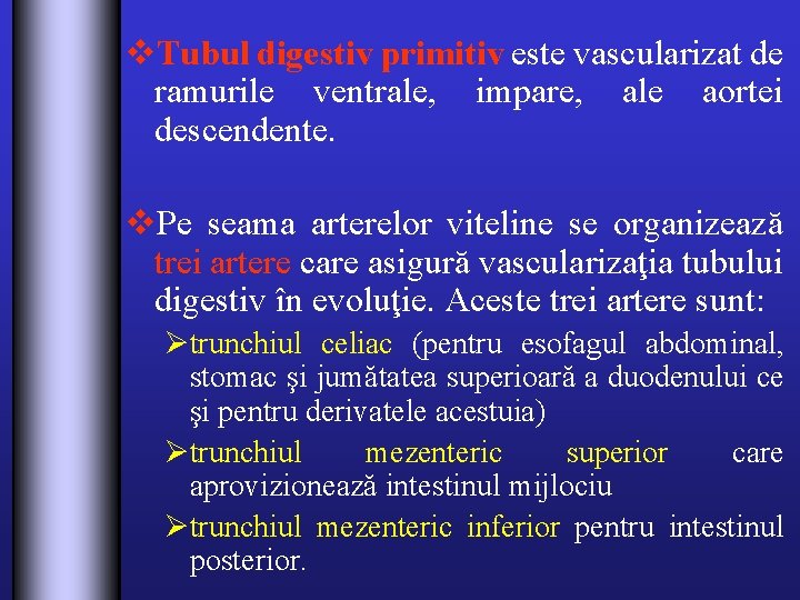 v. Tubul digestiv primitiv este vascularizat de ramurile ventrale, impare, ale aortei descendente. v.