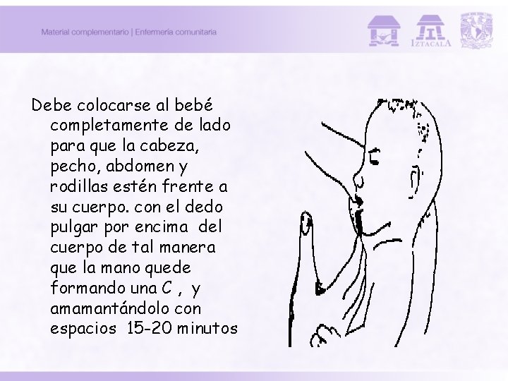 Debe colocarse al bebé completamente de lado para que la cabeza, pecho, abdomen y Debe colocarse al bebé completamente de lado para que la cabeza, pecho, abdomen y