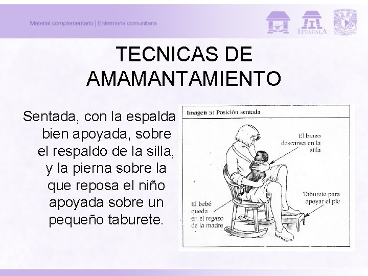 TECNICAS DE AMAMANTAMIENTO Sentada, con la espalda bien apoyada, sobre el respaldo de la TECNICAS DE AMAMANTAMIENTO Sentada, con la espalda bien apoyada, sobre el respaldo de la