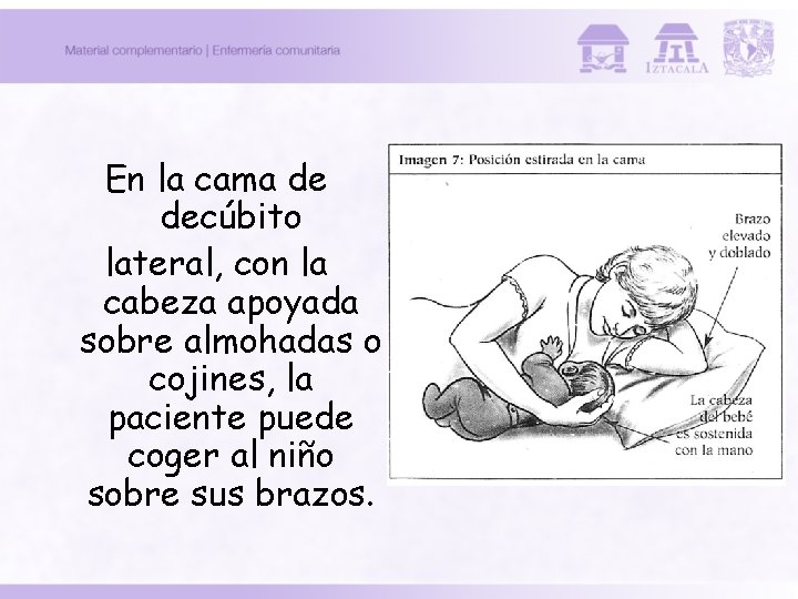 En la cama de decúbito lateral, con la cabeza apoyada sobre almohadas o cojines,