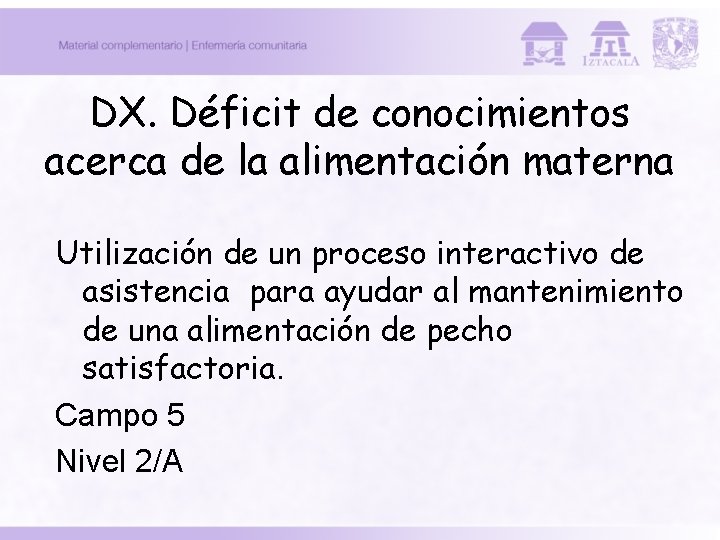 DX. Déficit de conocimientos acerca de la alimentación materna Utilización de un proceso interactivo